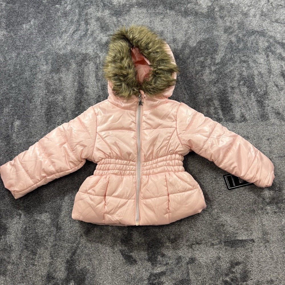 R1881 Rothschild Girl Sz 2T Unicorn Foil Print  Puffer Jacket Faux Fur Hood Pink